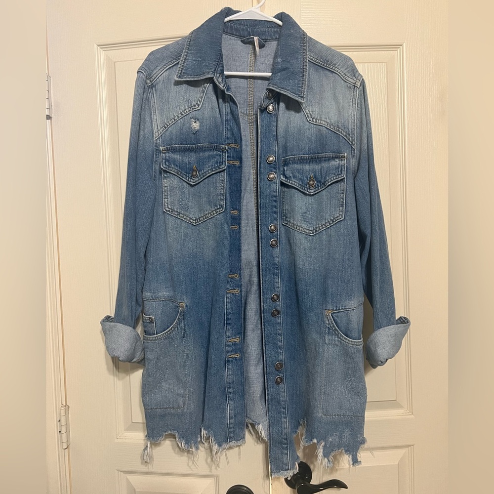 Free People Distressed Blue Jean Jacket